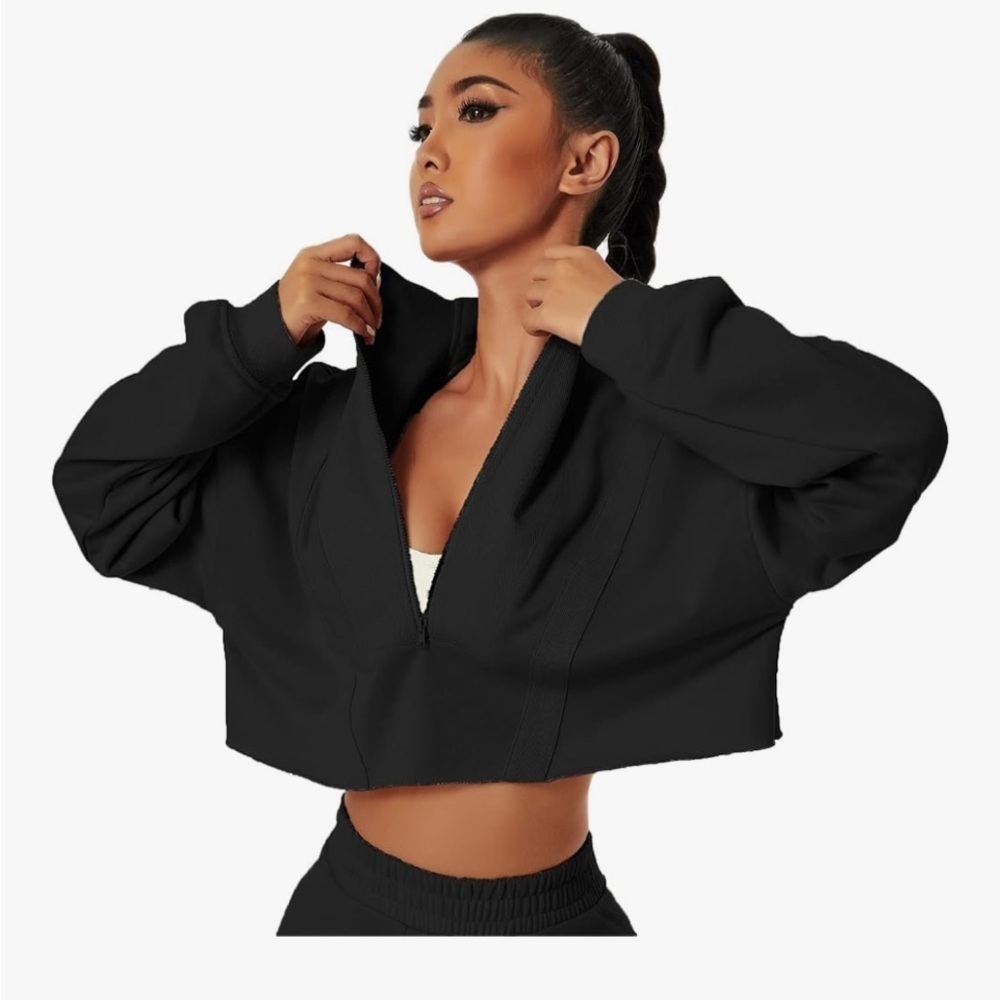 Cropped Sweatshirt Long Sleeve Half Zip Loose Workout Crop Athletic Jacket SM